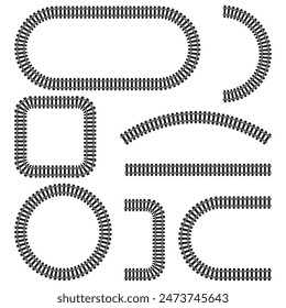 Railroad track set. Various shapes. Black and white. Vector illustration.