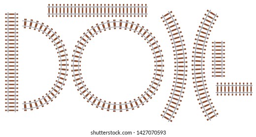 Railroad Track Train Vector Top View. Railway Locomotive Travel Path Transit Way Line. Subway Traffic Curve Set Metro