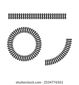 Icono de Vector de pista de ferrocarril. Segmentos de riel circulares y rectos. Elementos negros de ferrocarril. Símbolo de transporte en tren.