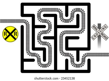 A railroad track winds through a maze solving the puzzle - crossing signs included for transporation safety.