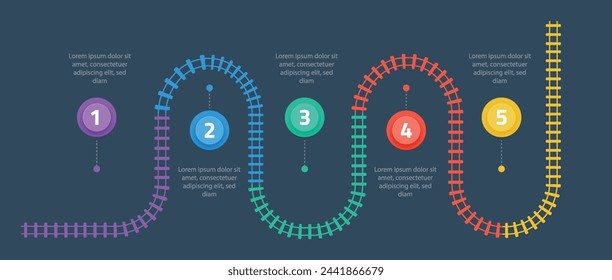 In: Railroad tracks Infographic. Geschäftsvorlage mit Zahlen 5 Optionen oder Schritten. Eisenbahn-einfaches Symbol, Schienen-Gleis-Richtung, Bahn-Spuren bunte Vektor-Illustration auf schwarzem Hintergrund.