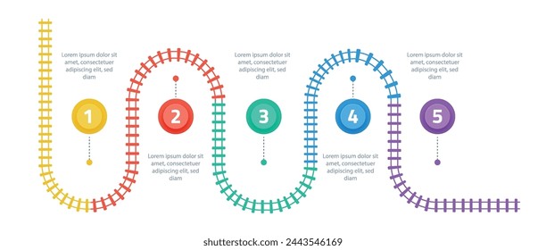 In: Railroad tracks Infographic. Geschäftsvorlage mit Zahlen 5 Optionen oder Schritten. Eisenbahn-einfaches Symbol, Schienenstreckenrichtung, Zuggleise bunte Vektor-Illustration auf weißem Hintergrund.