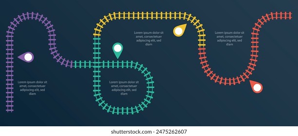 Infografía de Pistas ferroviarias. Plantilla empresarial con números 4 opciones o pasos. Icono simple del ferrocarril, dirección de la pista del ferrocarril, Pistas de tren Ilustración vectorial colorida sobre un fondo negro.