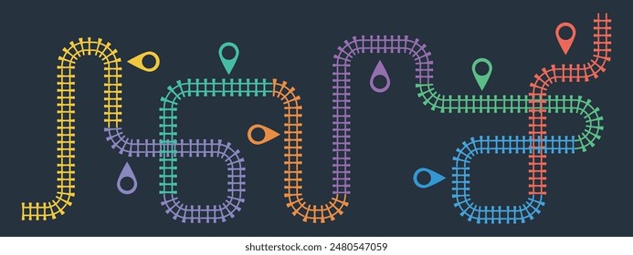 Infografía de Pistas ferroviarias. Plantilla empresarial con 8 opciones o pasos. Icono simple del ferrocarril, dirección de la pista del ferrocarril, Pistas de tren Ilustración vectorial colorida sobre un fondo negro.