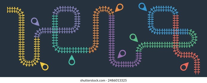 Infografía de Pistas ferroviarias. Plantilla empresarial con 8 opciones o pasos. Icono simple del ferrocarril, dirección de la pista del ferrocarril, Pistas de tren Ilustración vectorial colorida sobre un fondo negro.