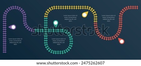 Railroad tracks infographic. Business template with numbers 4 options or steps. Railway simple icon, rail track direction, train tracks colorful vector illustration on a black background.