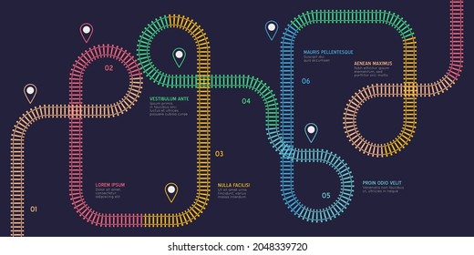 Railroad tracks infographic. Vector flat style ciry railway scheme. Subway stations map top view. Industrial transport maze colorful illustration.
