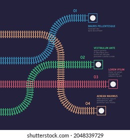 Infografía de vías férreas. Régimen de transporte por ferrocarril de cítricos de estilo plano vectorial. Las estaciones del metro asignan la vista superior. El transporte industrial labra una colorida ilustración.