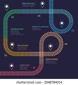 Infografía de vías férreas. Régimen de transporte por ferrocarril de cítricos de estilo plano vectorial. Las estaciones del metro asignan la vista superior. El transporte industrial labra una colorida ilustración.