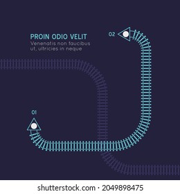 Infografía de vías férreas. Régimen de transporte por ferrocarril de cítricos de estilo plano vectorial. Las estaciones del metro asignan la vista superior. El transporte industrial labra una colorida ilustración.