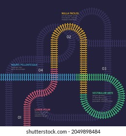 Infografía de vías férreas. Régimen de transporte por ferrocarril de cítricos de estilo plano vectorial. Las estaciones del metro asignan la vista superior. El transporte industrial labra una colorida ilustración.