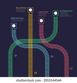 Infografía de vías férreas. Régimen de transporte por ferrocarril de cítricos de estilo plano vectorial. Las estaciones del metro asignan la vista superior. El transporte industrial labra una colorida ilustración.