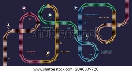 Railroad tracks infographic. Vector flat style ciry railway scheme. Subway stations map top view. Industrial transport maze colorful illustration.