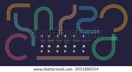 Railroad tracks infographic. Vector flat style ciry railway scheme. Subway stations map top view. Industrial transport maze colorful illustration.