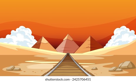 Railroad tracks leading towards distant pyramids.