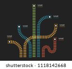 Railroad tracks, railway simple icon, rail track direction, train tracks colorful vector illustrations on black backgroud, colorful stairs, subway stations map top view, infographic elements. 