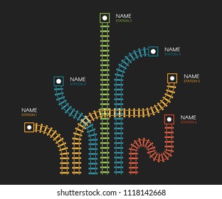 Railroad tracks, railway simple icon, rail track direction, train tracks colorful vector illustrations on black backgroud, colorful stairs, subway stations map top view, infographic elements. 