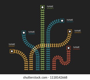 Railroad Tracks, Railway Simple Icon, Rail Track Direction, Train Tracks Colorful Vector Illustrations On Black Backgroud, Colorful Stairs, Subway Stations Map Top View, Infographic Elements. 