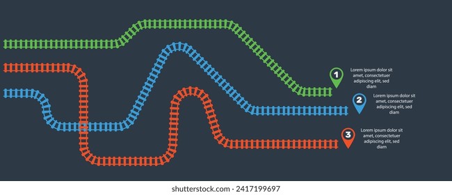 Pistas ferroviarias, icono de la vía férrea, dirección de la vía férrea, vías férreas ilustraciones de los coloridos vectores. Elementos infográficos, ilustración simple en un fondo negro.