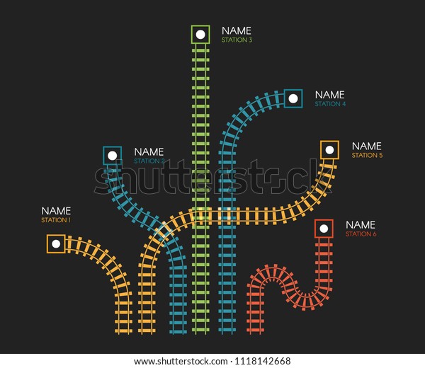 線路 鉄道の簡単なアイコン 軌道の方向 黒い背景にカラフルなベクターイラスト カラフルな階段 地下鉄の駅の地図の上面図 インフォグラフィックエレメント のベクター画像素材 ロイヤリティフリー