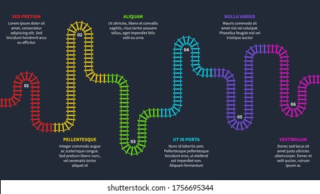 Railroad tracks. Railway timeline, tracking subway stations map top view, colorful stairs railways. Industrial maze vector infographics with copy space
