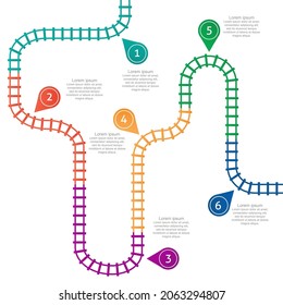 Las vías férreas, las estaciones de mapa. Ruta ferroviaria, estaciones de metro de seguimiento mapean la vista superior, coloridas escaleras de tren. Elementos infográficos, ilustración simple.