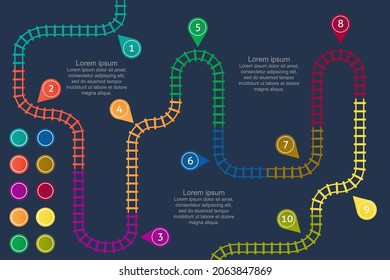 Las vías férreas, las estaciones de mapa. Ruta ferroviaria, estaciones de metro de seguimiento mapean la vista superior, coloridas escaleras de tren. Elementos infográficos, ilustración simple.