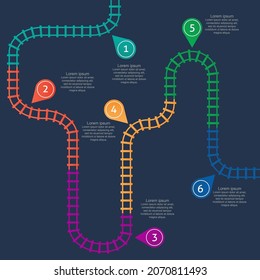 Railroad Tracks, Stations Map. Railway Route, Tracking Subway Stations Map Top View, Colorful Stairs Railways. Infographic Elements, Simple Illustration.