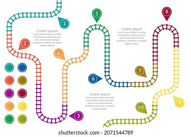 Railroad tracks, stations map. Railway route, tracking subway stations map top view, colorful stairs railways. Infographic elements, simple illustration.