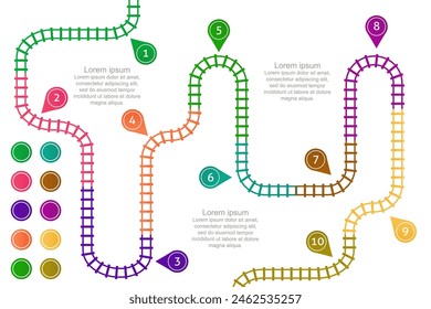 Pistas ferroviarias, mapa de estaciones. Ruta del tren, seguimiento de las estaciones de metro mapa vista superior, coloridas escaleras ferroviarias. Elementos infográficos, ilustración simple.