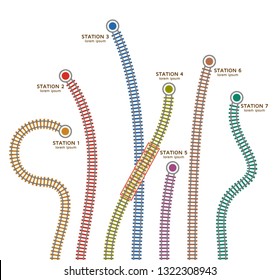 Railroad tracks and stations set. Railway map top view. Vector illustration.