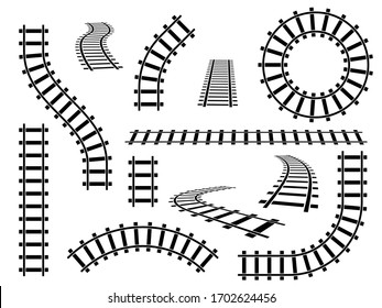 Railroad tracks. Straight, wavy and curved rails railway top view, ladder elements. Steel bars laid, construction isolated vector train tracking set