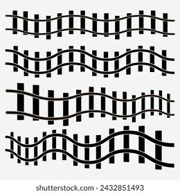 Railroad tracks. Straight, wavy and curved rails railway top view, ladder elements. Steel bars laid, construction isolated vector set. Vector illustration. Eps file 69.