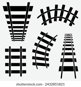 Railroad tracks. Straight, wavy and curved rails railway top view, ladder elements. Steel bars laid, construction isolated vector set. Vector illustration. Eps file 23.