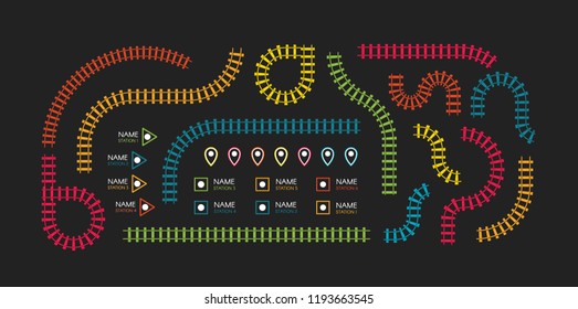 	
Railroad tracks, subway stations map top view, infographic elements. Railway simple icon set, rail track direction, train tracks colorful vector illustrations on black backgroud, colorful stairs.