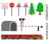 Railroad traffic way and train with boxcars.Railway equipment with signs, barriers, alarms, traffic lights. Flat icons vector illustration.