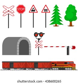 Railroad traffic way and train with boxcars.Railway equipment with signs, barriers, alarms, traffic lights. Flat icons vector illustration.