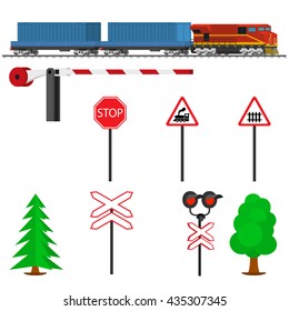 Railroad traffic way and train with containers. Railroad train transportation. Railway equipment with signs, barriers, alarms, traffic lights.  Flat icons vector illustration.