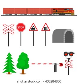 Railroad traffic way and train with tank cars. Railway equipment with signs, barriers, alarms, traffic lights.  Flat icons vector illustration.