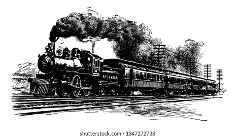 A Railroad Train is a train crew member responsible for operational and safety duties that do not involve actual operation of the train, vintage line drawing or engraving illustration.