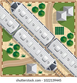 Railroad with train on a map background. View from above. Vector illustration.