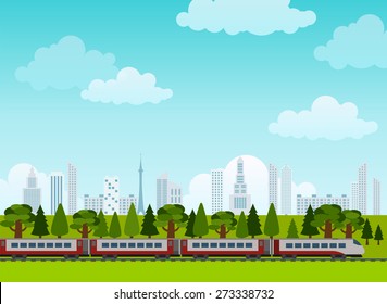 Railroad and train rides. Poster. Flat style. Vector illustration