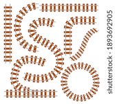 Railroad train track set. Isolated toy rail road way curve and line icons. Railway route collection