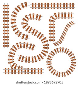 Railroad train track set. Isolated toy rail road way curve and line icons. Railway route collection