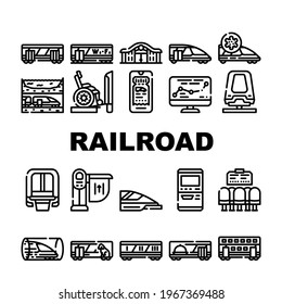 Railroad Transport Collection Icons Set Vector. Train Wagon Restaurant And Carriage, Hyperloop And Maglev, Railroad Limiter And Railway Station Black Contour Illustrations