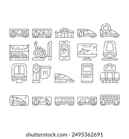 Eisenbahn-Transport-Kollektion-Symbole setzen Vektorgrafik. Waggon Restaurant und Kutsche, Hyperloop und Maglev, Eisenbahnbegrenzer und Bahnhof Black Contour Illustrationen