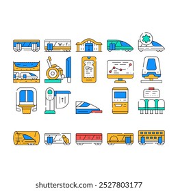 Railroad Transport Collection Icons Set Vector. Train Wagon Restaurant And Carriage, Hyperloop And Maglev, Railroad Limiter And Railway Station color Contour Illustrations