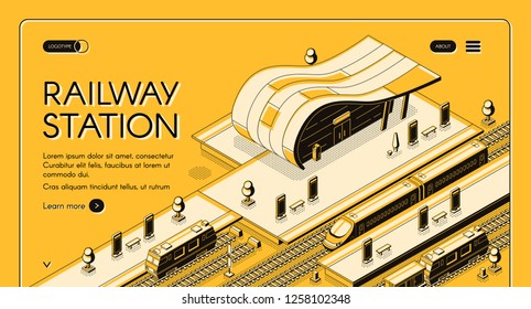 Railroad transport company isometric vector web banner with high-speed and freight trains stopping on futuristic design railway station line art illustration. Modern city transport hub landing page