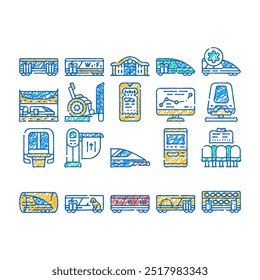 railroad transport doodle icons set vector. sketch line art train wagon restaurant and carriage, hyperloop and maglev, railroad limiter and railway station color illustrations