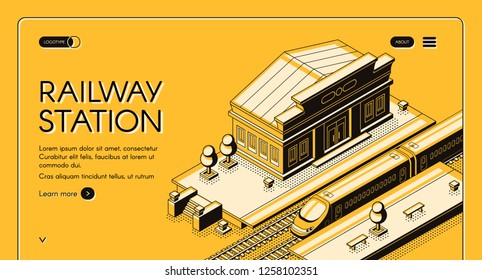 Railroad transport isometric vector web banner with modern high-speed express train stopping on old railway station to pick up passengers line art illustration. Public transport company landing page